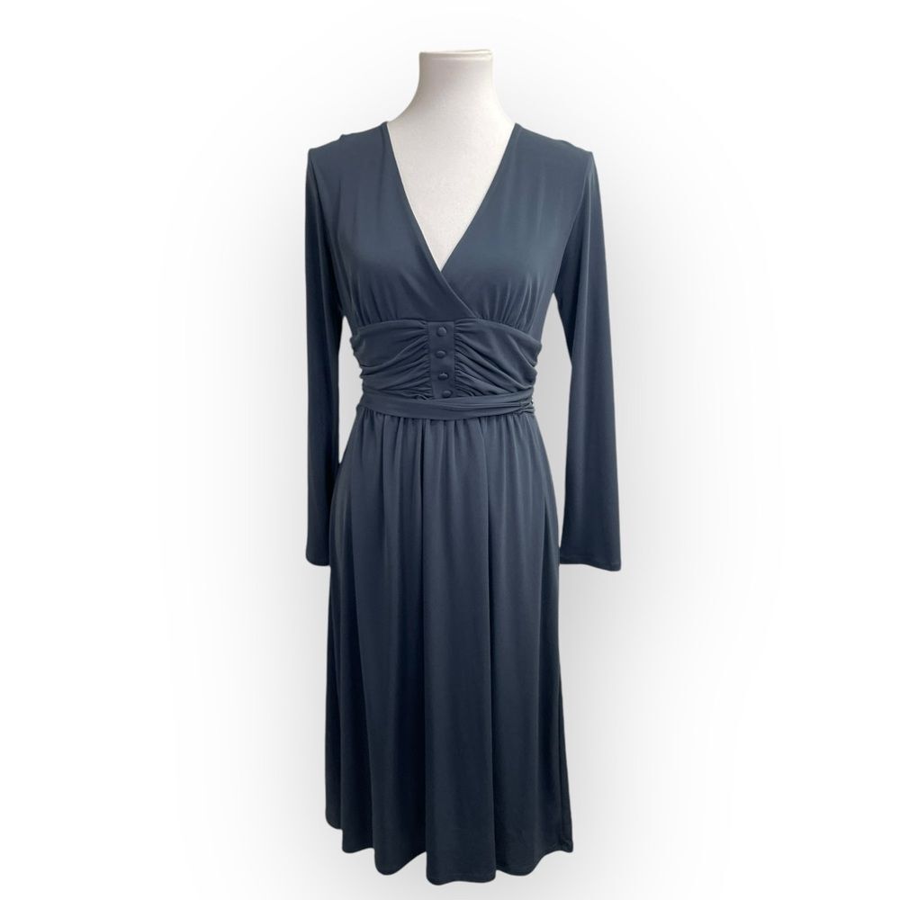 Max & Cleo Long Sleeve Dress, small. Long sleeved navy blue gray grey v-neck